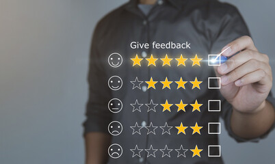 Customer Review good Rating concept, Customer review by Five star and smiley face icon feedback, Positive customer Feedback Testimonial.