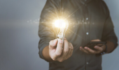 Creative new idea. Innovation, Brainstorming, Solution concepts, people holding light blub.
