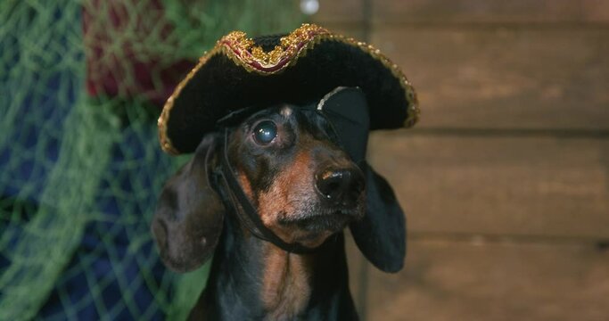 Portrait of funny dachshund dog in tricorn colonial hat of commander of Victorian era and with eye patch, who barks indignantly, giving orders, front view. Costume for Halloween party.