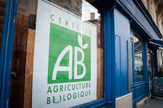 BORDEAUX, FRANCE - FEBRUARY 25, 2022: Official logo of Agriculture Biologique, in front of a french supermarket, certifying the shop is selling French Organic Farming Agriculture products. ..