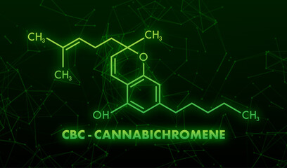 Cannabichromene formula. Cannabichromene or CBC cannabinoid molecule. neon icon