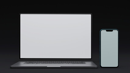 Elegant Laptop and phone Mockup. 3D render, dark background, modern design.