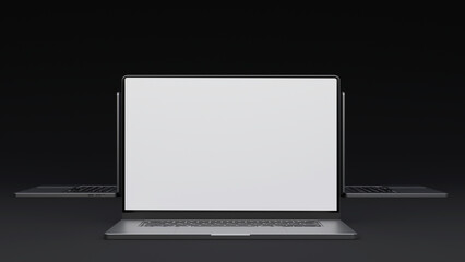 Elegant Laptops Mockup Front and Sides. 3D render, dark background, modern design.