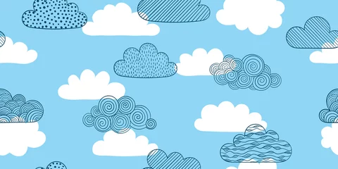 Selbstklebende Fototapeten Doodle blue sky. Black and white seamless pattern of doodle clouds. design background greeting cards and invitations to the wedding, birthday, mother s day and other seasonal autumn holidays © Hulinska Yevheniia