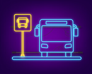 Blue banner with bus station. Neon icon. Vector line illustration. Vector flat illustration