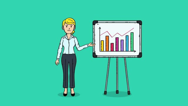 Animation of a woman standing at a flipchart and showing data on it. Animation i in easy to edit talking loop.