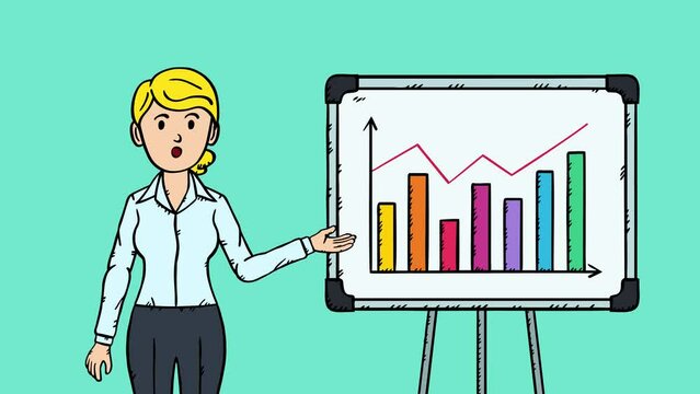 Doodle style animation of business woman showing data on flipchart graf. Animation i in easy to edit talking loop.