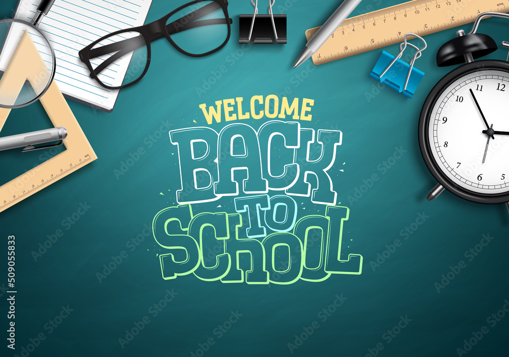 Poster back to school text vector background. welcome back to school greeting in chalkboard empty space wit