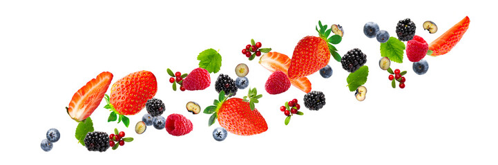 Plakat Summer Berries on white background. Strawberry, blueberry, raspberry, blackberry. summer background ripe juicy berries