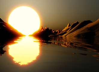 Fantasy alien desolate planet exploration sunrise over an ocean 3D illustration graphic art