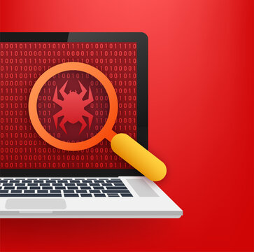 Search, find bugs and virus. Magnifying Glass scanning. Antivirus protection. Vector stock illustration.