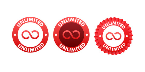 Red ribbon on Unlimited text on white background. Promotion sign. Vector stock illustration