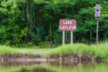 Lake Lafleur Sign and Bird House for Wood Ducks at Palmetto Island, LA, USA