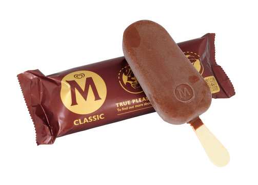 Magnum classic milk chocolate coated Madagascan vanilla ice cream on a wooden stick
