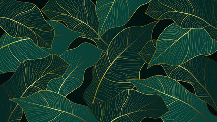 Abstract line art Golden banana leaves with green emerald background