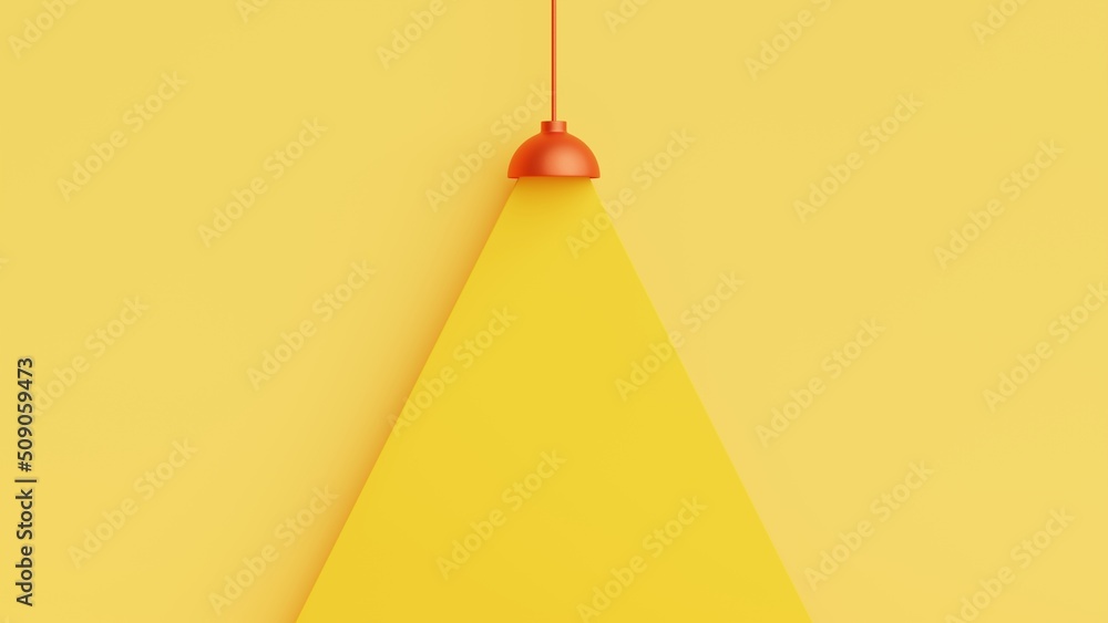 Poster Red metallic lamp hanging and yellow light on yellow background.Minimal concept with empty space.3D rendering illustration.