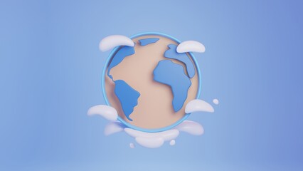 Earth Globe and Clouds.Eco product display banner template background.Minimal scene for mockup design. 3D rendering illustration.