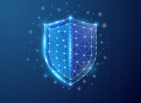 Shield polygonal symbol with binary code background. Antivirus concept design vector illustration. Cyber security low poly symbol with connected dots