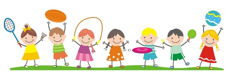 group of children, girls and boys, sports equipment, vector illustration