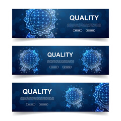 Set of three Award medal horizontal banners. Horizontal illustration for homepage design, promo banner. Approved low poly symbols with connected dots