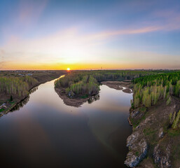 Confluence of the Iset and Kamenka rivers in the city Kamensk-Uralskiy. Iset and Kamenka rivers, Kamensk-Uralskiy, Sverdlovsk region, Ural mountains, Russia. Aerial view