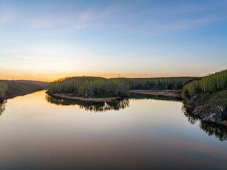 Confluence of the Iset and Kamenka rivers in the city Kamensk-Uralskiy. Iset and Kamenka rivers, Kamensk-Uralskiy, Sverdlovsk region, Ural mountains, Russia. Aerial view