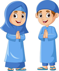 Obraz premium Happy Muslim girl and boy cartoon