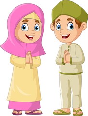 Happy Muslim girl and boy cartoon