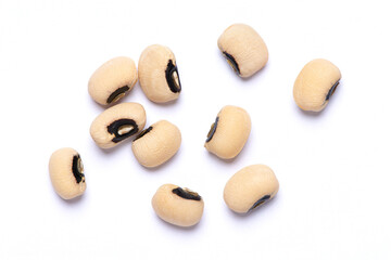 White cow pea beans isolated on white background. Top view. Flat lay.