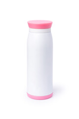 Thermos tumbler mug with pink plastic lid isolated on white background. Clipping path.