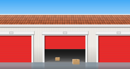 garage storage units with roller open door cardboard boxes vector illustration