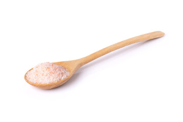 Pink himalayan salt in wooden spoon isolated on white background with clipping path.