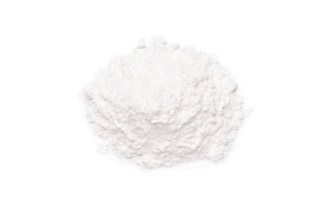 Pile of white powder isolated on white background. Top view. Flat lay.
