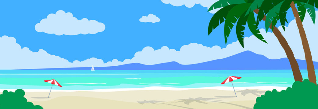 summer tropical beach scene landscape sand ocean sea shore palm trees vector illustration
