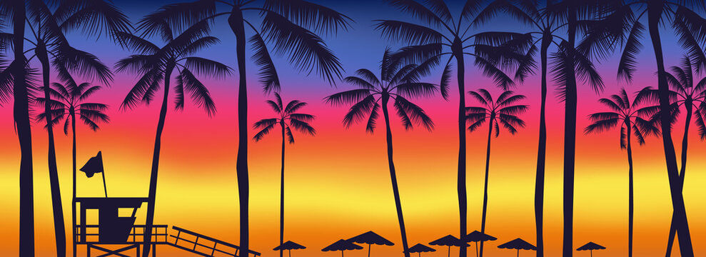 sunset on the beach palm trees  lifeguard tower umbrellas silhouettes  summer landscape panorama vector illustration - Powered by Adobe