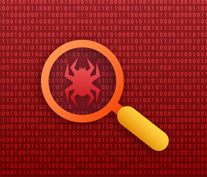 Search, find bugs and virus. Magnifying Glass scanning. Antivirus protection. Vector stock illustration.