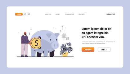 businessman investing dollar coins in piggy bank cash protection financial savings insurance growth wealth investment