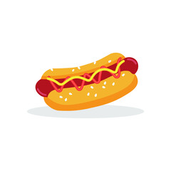 Hot dog with sausage, ketchup, mustard and sesame seed bun. Flat illustration vector isolated flat fast food illustration for posters, menus, brochures, web and fastfood icons.