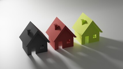 Three color houses next to each other on a white background. 3D render illustration