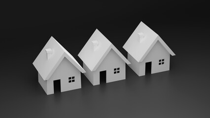 Three white houses next to each other on a black background. 3D render illustration