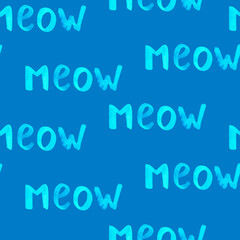 Seamless meow pattern. Watercolor illustration. Isolated on a blue background.