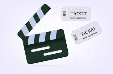 Fototapeta premium 3d watch movie icon. Banner vector. Concept live viewing online. Clapperboard with tickets and stars, watch movie, news, music. Broadcast video, clip, pass, entry, admission or access at the cinema.