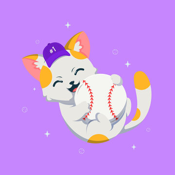 Cute cat playing with Baseball cartoon vector icon illustration. Animal Mascot concept illustration. Flat cartoon style