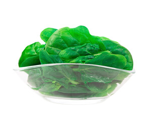 Pile of fresh green healthy baby spinach leaves on white background