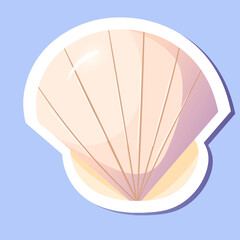 Cute sea shell in cartoon style sticker. Summertime symbol.