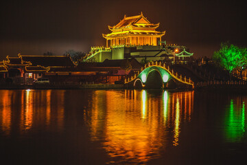 Ancient Dragon Pavilion Night Reflection Bridge Longting Park Kaifeng China