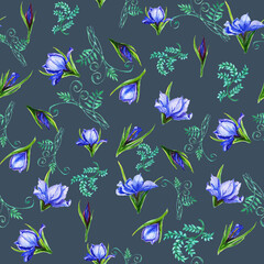 Watercolor pattern seamless  bouquets of iris flowers ,
 the petals are blue viol flower, iris,
  shades with green stems.
Suitable for the design of greeting cards,
invitations,wedding and baby