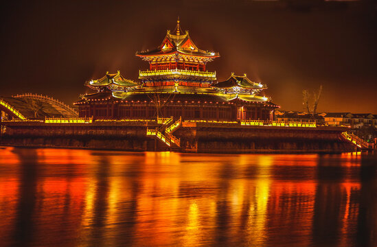 Temple Night Reflection Jinming Lake Kaifeng Henan China