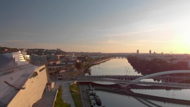 Aerial angle view of a city in France during sunrise
