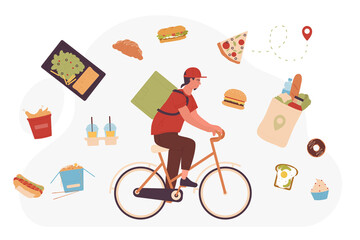 Express delivery service, deliveryman riding bicycle fast to deliver orders from cafe, shop or restaurant. Cartoon tiny boy courier on bike and flat vector illustration. Shipment concept